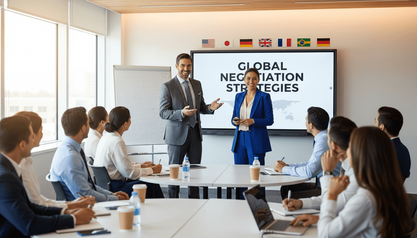 Trainers delivering a lecture on international negotiation to a diverse classroom.