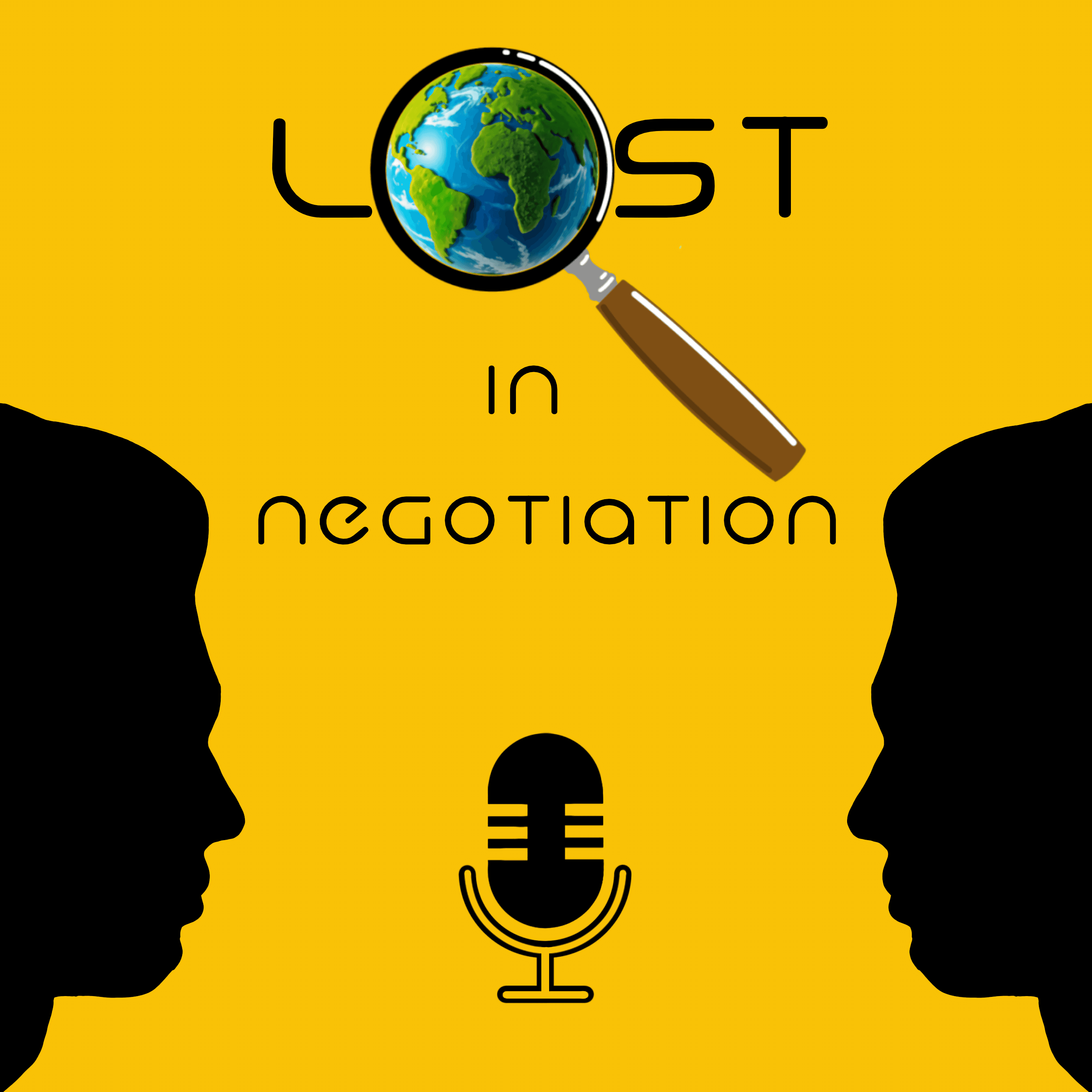 "Lost in Negotiation" graphic featuring a globe magnifying glass, two silhouettes, and a microphone icon.